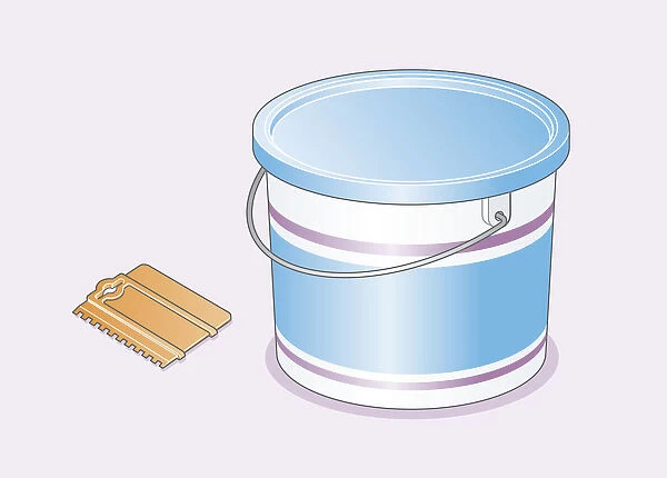 Digital illustration of wall tile adhesive in plastic container, and notched adhesive spreader