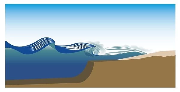 Digital illustration of wave breaking onto stepped ocean floor