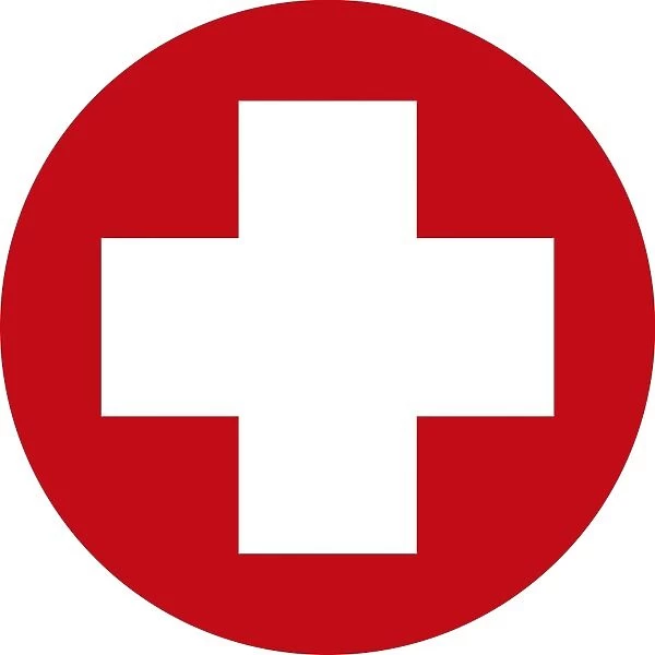 Digital illustration of white first aid cross in red circle on white background