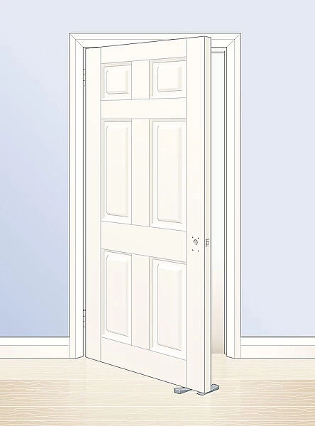 Digital illustration of white-painted panel door wedged open with wood