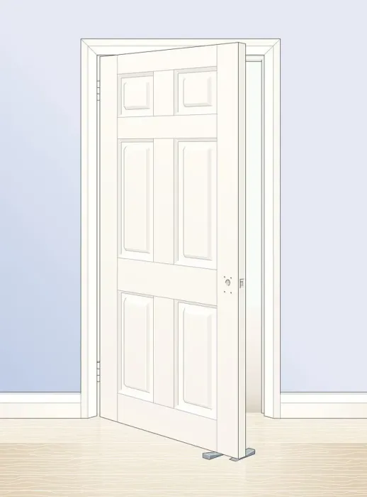 Framed Print : Digital illustration of white-painted panel door wedged open with wood Framed Print : Digital illustration of white-painted panel door wedged open with wood