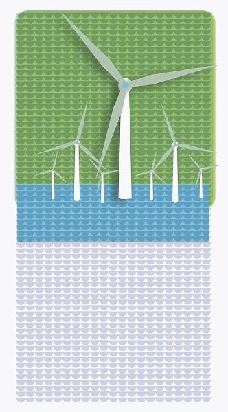 Digital illustration of wind turbines at sea