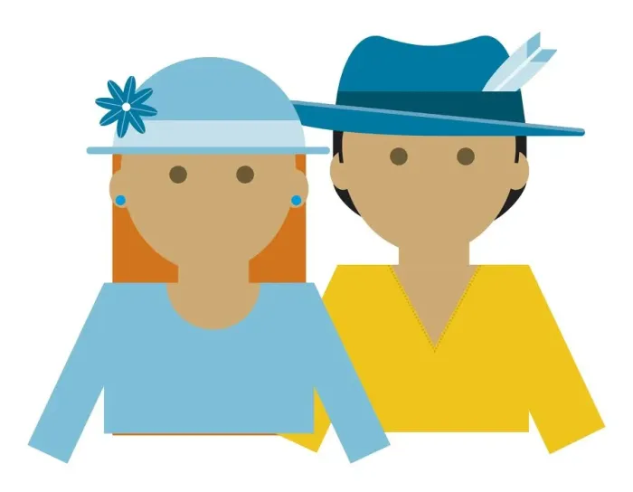 Framed Print : Digital illustration of woman wearing blue hat with flower, and man wearing blue hat with feather ab Framed Print : Digital illustration of woman wearing blue hat with flower, and man wearing blue hat with feather ab