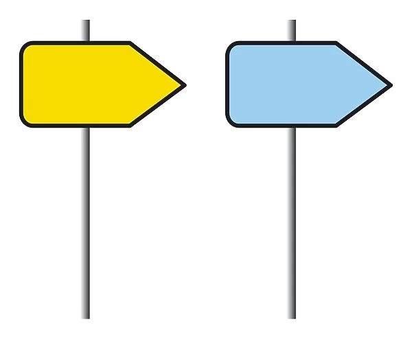 Digital illustration of yellow and blue direction signs
