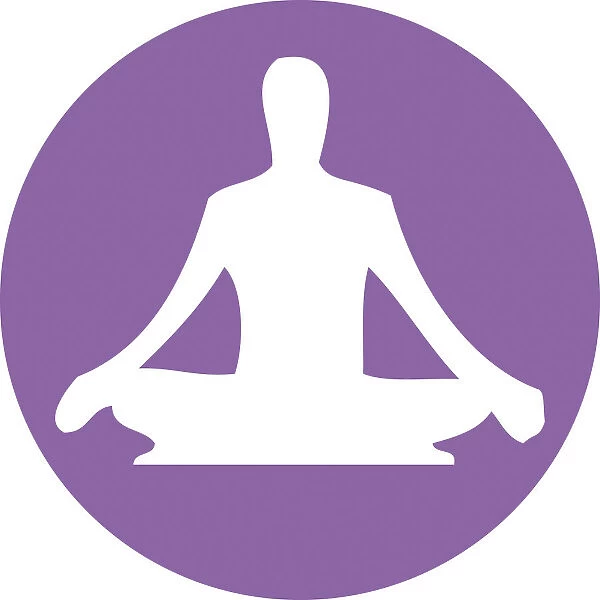 Digital illustration of yoga lotus position in purple circle on white background
