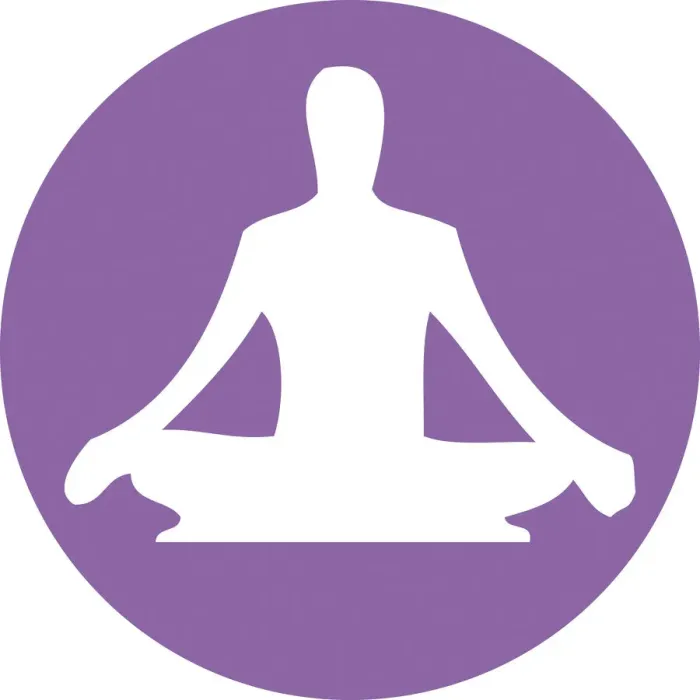 Framed Print : Digital illustration of yoga lotus position in purple circle on white background