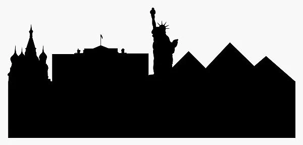 Digital silhouette of Kremlin, Buckingham Palace, Statue of Liberty and Pyramids of Giza
