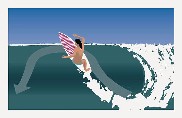 Digitally generated illustration of female surfer hitting lip vertically to re-enter wave in quick succession