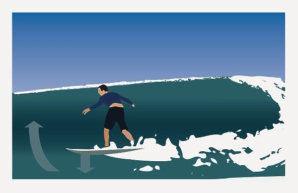 Digitally generated illustration of young man balancing on surfboard with arms raised, and arrows showing gravity force