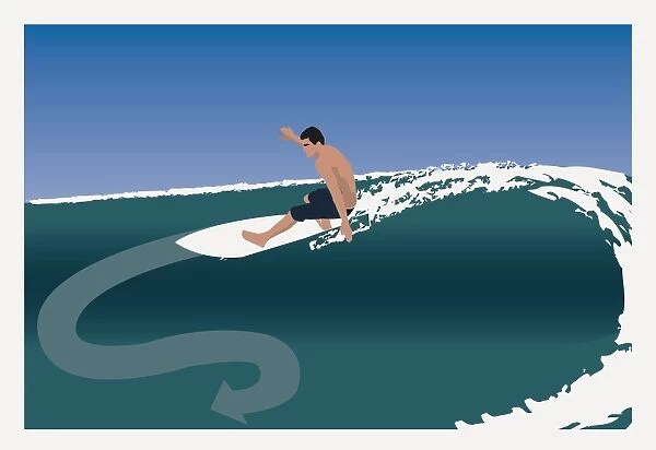 Digitally generated illustration of young man on surf board showing cutback maneuver on wave