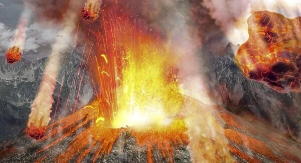 Digitally generated image of erupting volcano with fireballs in air