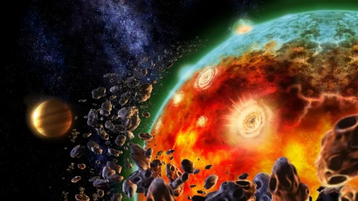 Framed Print : Digitally generated image showing volcanic eruptions during formation of Earth Framed Print : Digitally generated image showing volcanic eruptions during formation of Earth