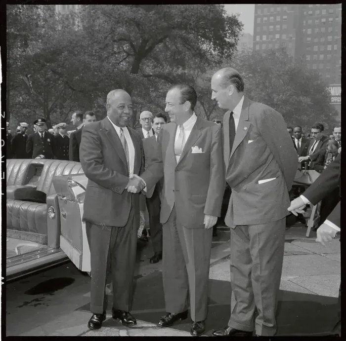 Framed Print : Dignitary Leaving Limousine and Meeting Mayor Wagner Framed Print : Dignitary Leaving Limousine and Meeting Mayor Wagner