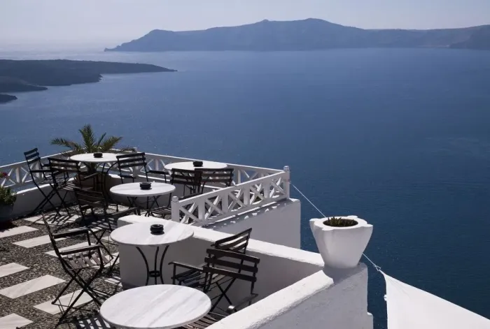 Framed Print : Dining with a view, Fira, Santorini, Greece Framed Print : Dining with a view, Fira, Santorini, Greece