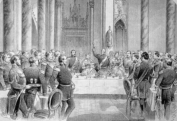 Dinner in the State Room of Hohenzollern Castle, Hohenzollern Castle, Baden-Wuerttemberg, Germany, on 3 October 1867, Historic, digitally restored reproduction of an original 19th century master, exact original date unknown