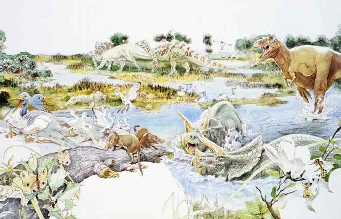 Framed Print : Dinosaurs and birds on swampy landscape Framed Print : Dinosaurs and birds on swampy landscape