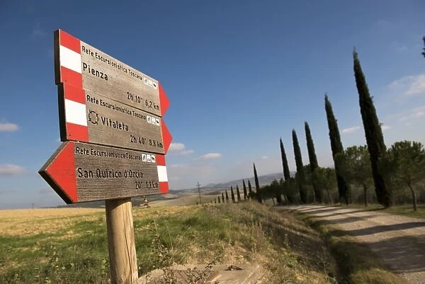 A directional sign to Pienza, San Quirico and Vitaleta chapel in Val d Orcia