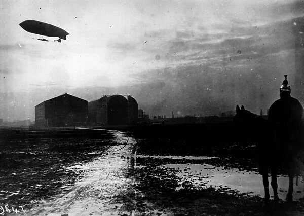 Dirigible. 1916: A dirigible airship leaving its hangar at Issy Les Moulinaise