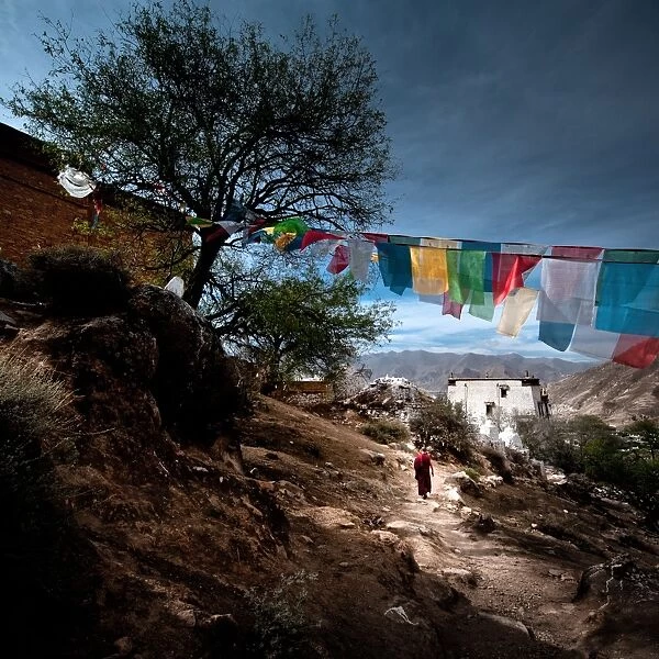 Dirt path. Tibetan monk walking on dirt path