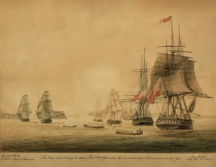 Framed Print : Disembarking to attack Fort Oswego Framed Print : Disembarking to attack Fort Oswego