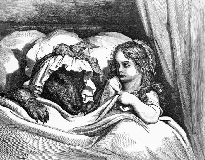 Framed Print : The Disguised Wolf in Bed by Gustave Dore from Little Red Riding Hood