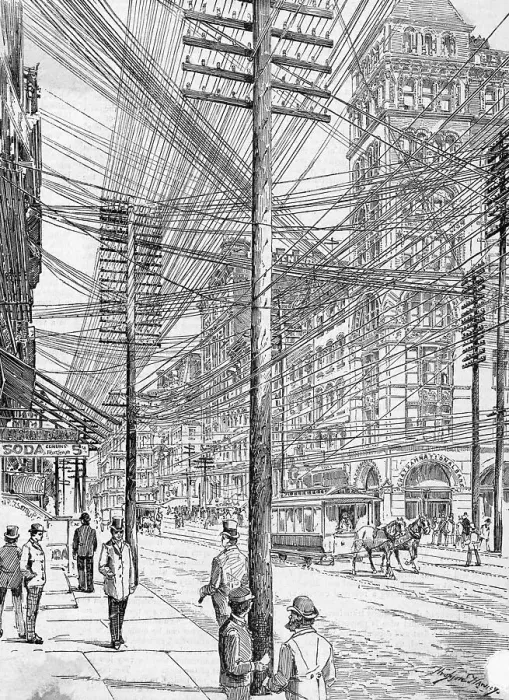 Framed Print : Disorderly Power Lines on Lower Broadway