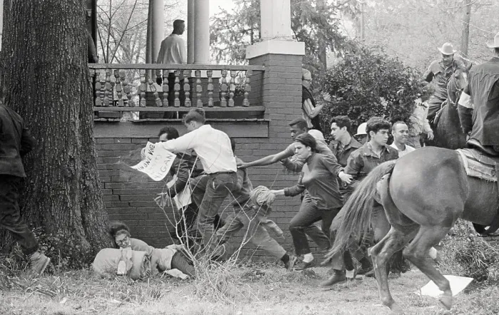 Framed Print : Disorderly Protest with Police on Horseback Framed Print : Disorderly Protest with Police on Horseback