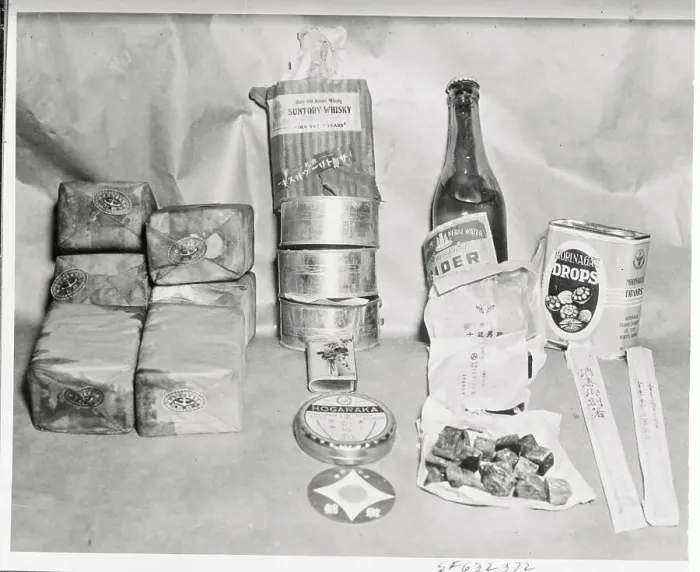 Framed Print : Display of Food Supplies from Japanese Military Planes