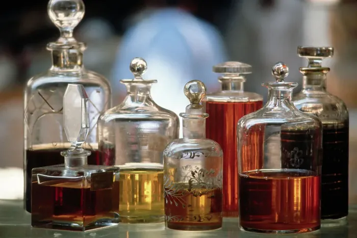 Framed Print : Display Of Perfume Bottles In Market Framed Print : Display Of Perfume Bottles In Market