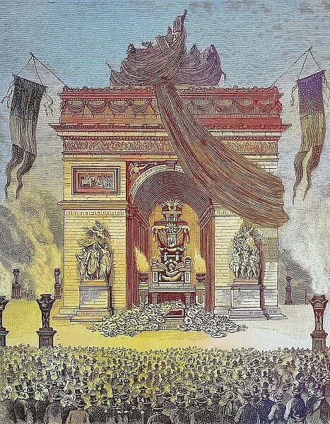 The display of Victor Hugos body under the Arc de Triomphe in Paris, France, Victor Marie Hugo, 1802, 1885, was a French poet, novelist, and dramatist of the Romantic movement, Historic, digitally restored reproduction from a 19th century original