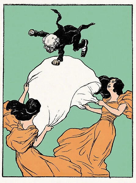 Displeased old man thrown into the air by two women nouveau 1897