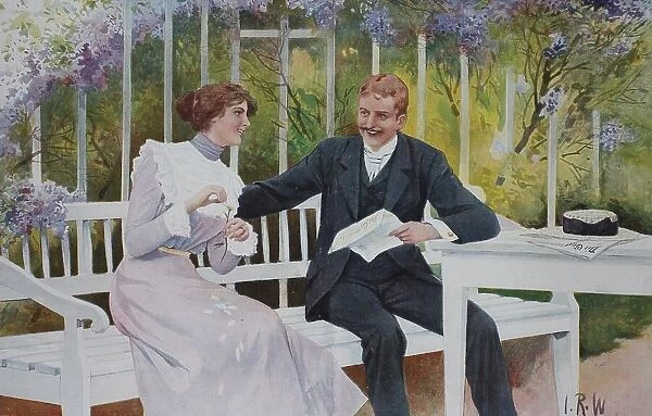 Distinguished couple sitting in the arbour and flirting with each other, Germany, c. 1890, digitally restored reproduction of an original 19th-century print