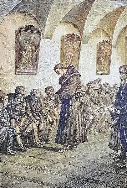 Distribution of beer in the Franciscan monastery in Munich, Germany, Historical, digitally restored reproduction from a 19th century original