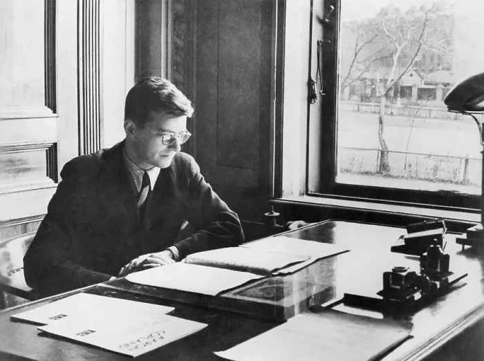 Framed Print : Dmitri Shostakovich Sitting at Desk