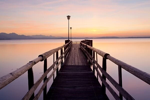 Dock in the evening light near Chieming on Lake Chiemsee, Bavaria, Germany, Europe, PublicGround