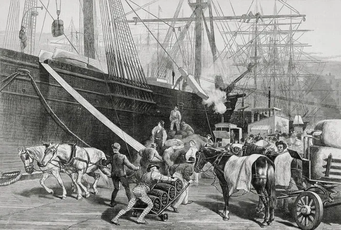 Framed Print : Dock Workers Loading Horse Drawn Goods to Ship Framed Print : Dock Workers Loading Horse Drawn Goods to Ship
