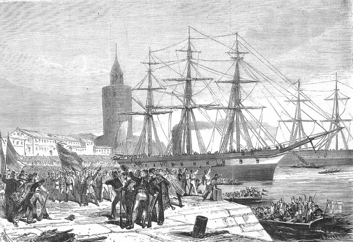 Framed Print : Docking of a ship and disembarkation of the crew, Cadiz, 1869, Spain, Historic, digitally restored reproduction of an original 19th century painting, exact original date unknown Framed Print : Docking of a ship and disembarkation of the crew, Cadiz, 1869, Spain, Historic, digitally restored reproduction of an original 19th century painting, exact original date unknown
