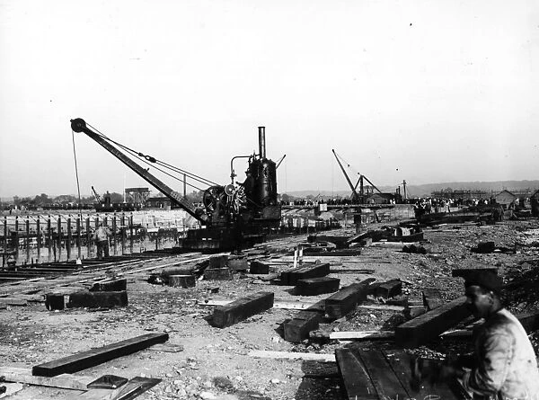 Dockside. September 1907: Construction work under way on the new docks at Avonmouth