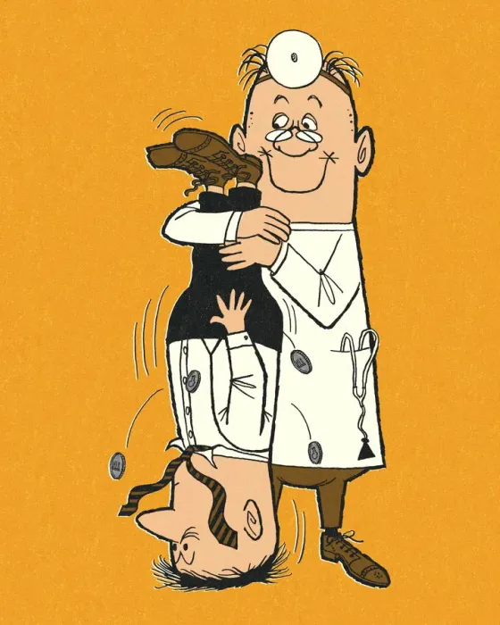 Framed Print : Doctor Holding a Man Upside Down Framed Print : Doctor Holding a Man Upside Down