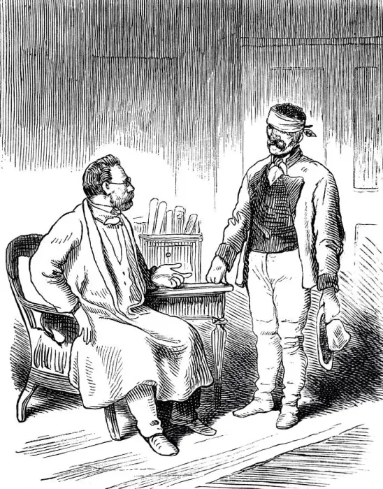 Framed Print : Doctor speaks to a patient with blindfold Framed Print : Doctor speaks to a patient with blindfold