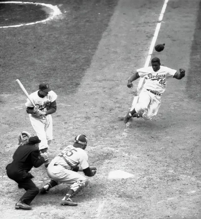 Framed Print : Dodger Jackie Robinson Stealing Home in Cubs Game Framed Print : Dodger Jackie Robinson Stealing Home in Cubs Game