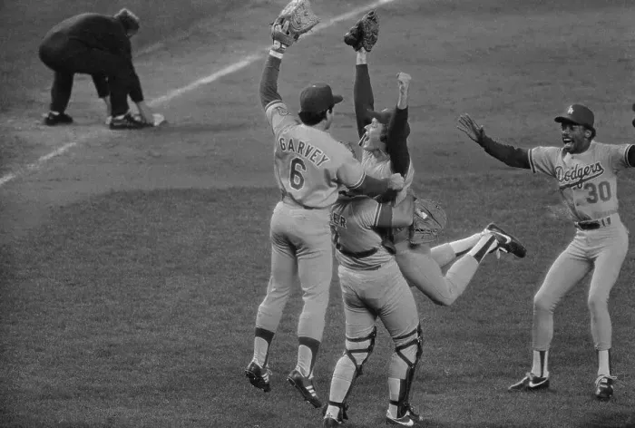 Framed Print : Dodger Players Jumping for Joy on Field Framed Print : Dodger Players Jumping for Joy on Field