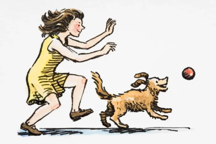 Framed Print : Dog chasing after ball, girl following close behind Framed Print : Dog chasing after ball, girl following close behind