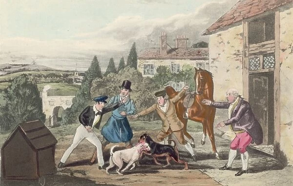 Dog Fight. circa 1800: Two men try and restrain two boys