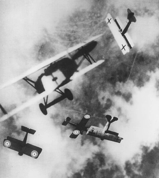 Dogfight. British SE-5s locked in aerial combat with German Fokker D7s, circa 1915