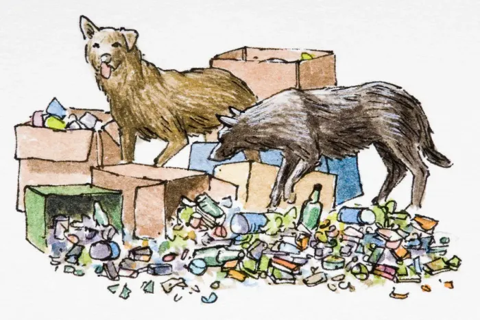 Framed Print : Dogs scavenging among rubbish Framed Print : Dogs scavenging among rubbish
