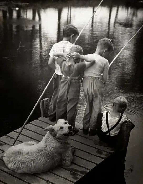 Framed Print : Dogs Supervising Fishing Boys Framed Print : Dogs Supervising Fishing Boys
