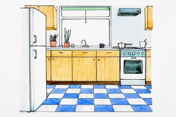 Domestic kitchen with blue and white tiled floor, window above sink