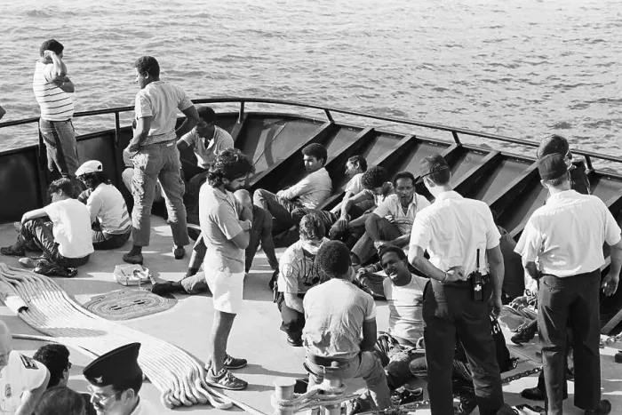 Framed Print : Dominican Refugees Resting on Ship Deck Framed Print : Dominican Refugees Resting on Ship Deck