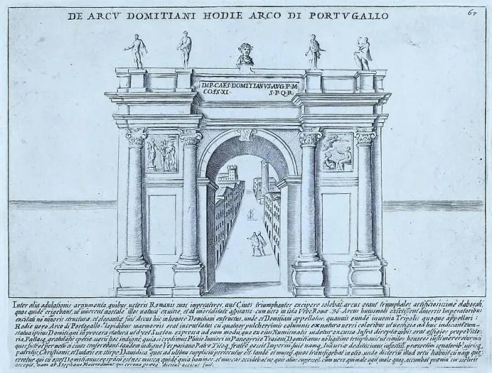 Framed Print : Domitian's Arch, now the Arch of Portugal. While there is information about the Arch of Portugal in Rome, it is not usually associated with Domitian. It was a single archway with columns on both sides and connected two buildings, historic Rome Framed Print : Domitian's Arch, now the Arch of Portugal. While there is information about the Arch of Portugal in Rome, it is not usually associated with Domitian. It was a single archway with columns on both sides and connected two buildings, historic Rome